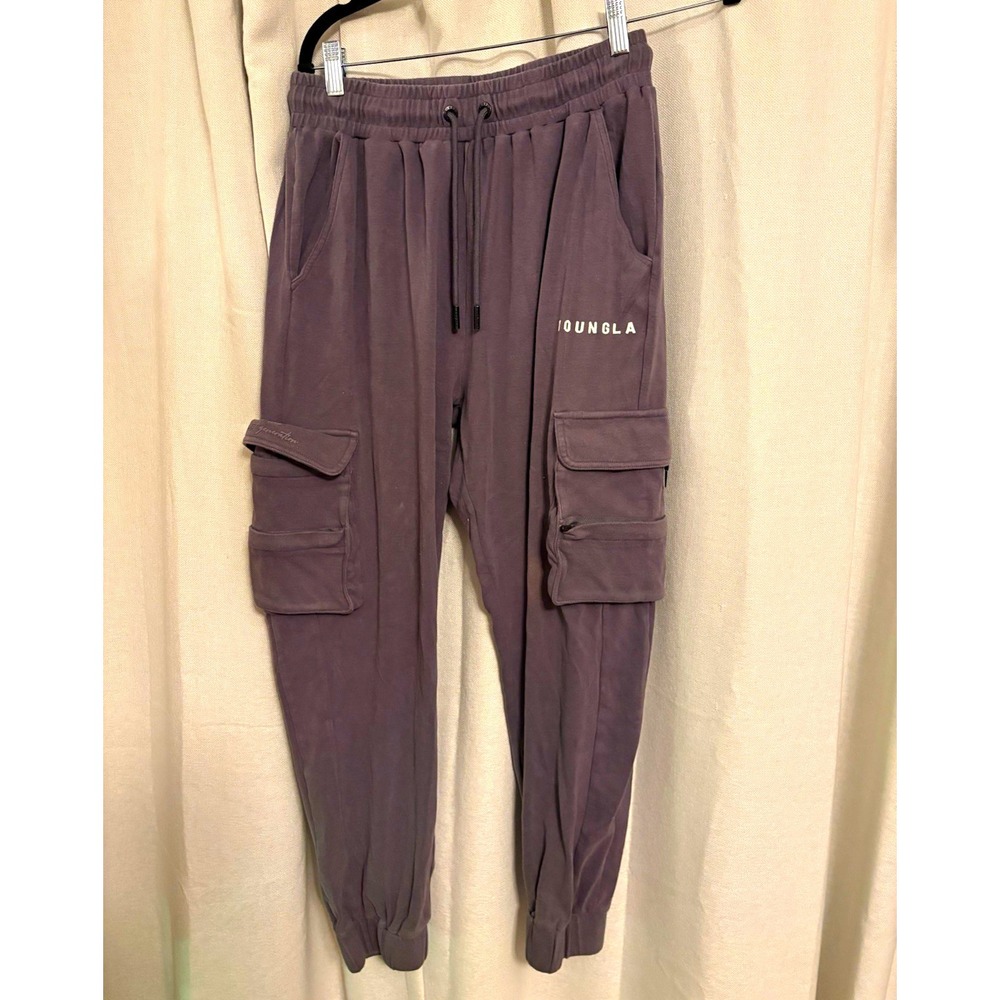 YoungLA Men's Gray Cargo Jogger Pants L Drawstring Elastic Waist Pockets